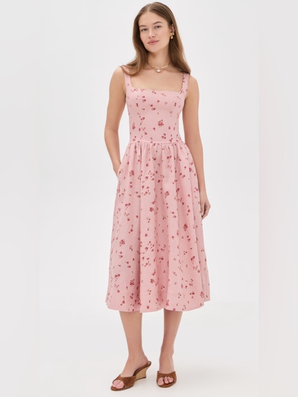 NEW Reformation Janu Midi Linen Dress Noelia Pink Floral | US 0 UK 4